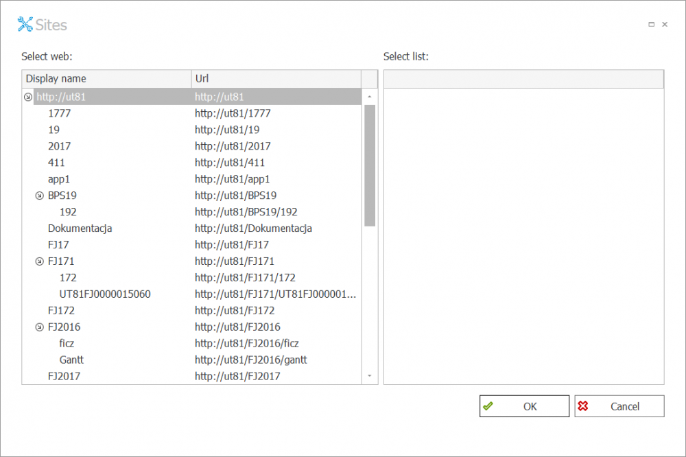 The image shows the list seleciton window.
